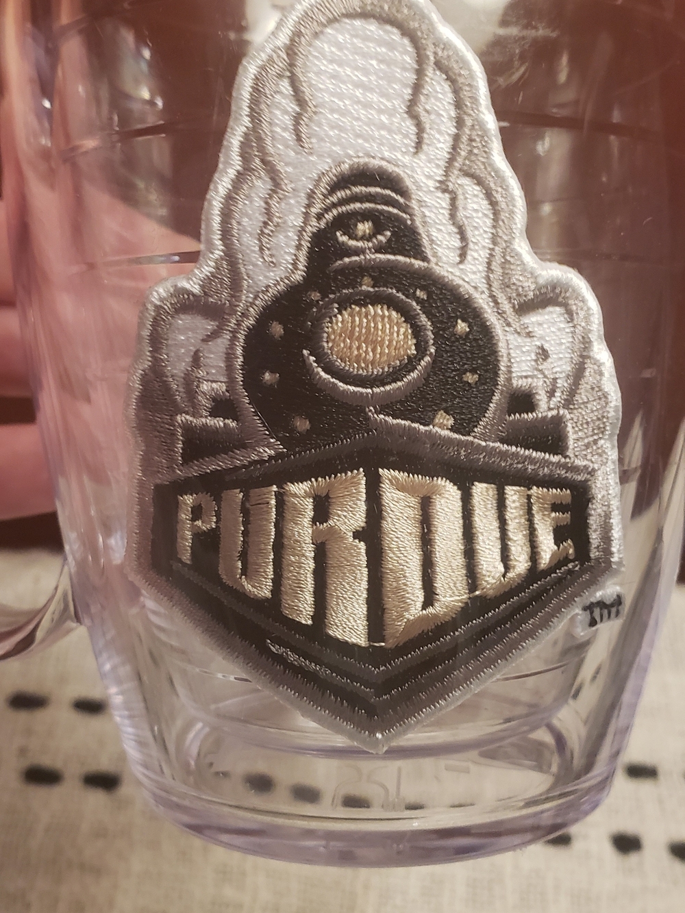 tervis clear mug with black and cream Purdue patch